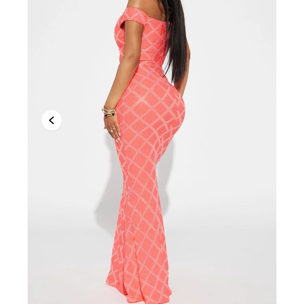 Elegant Sequin Coral Off-Shoulder Dress - Picture 3 of 10